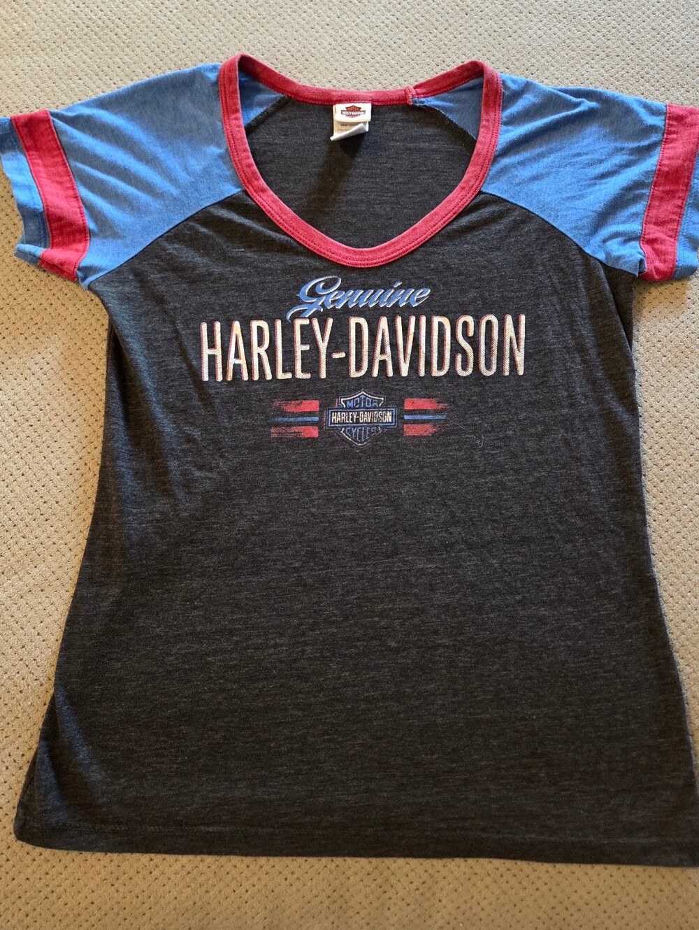 Harley-Davidson raglan T-shirt featuring a heather grey body with blue and red